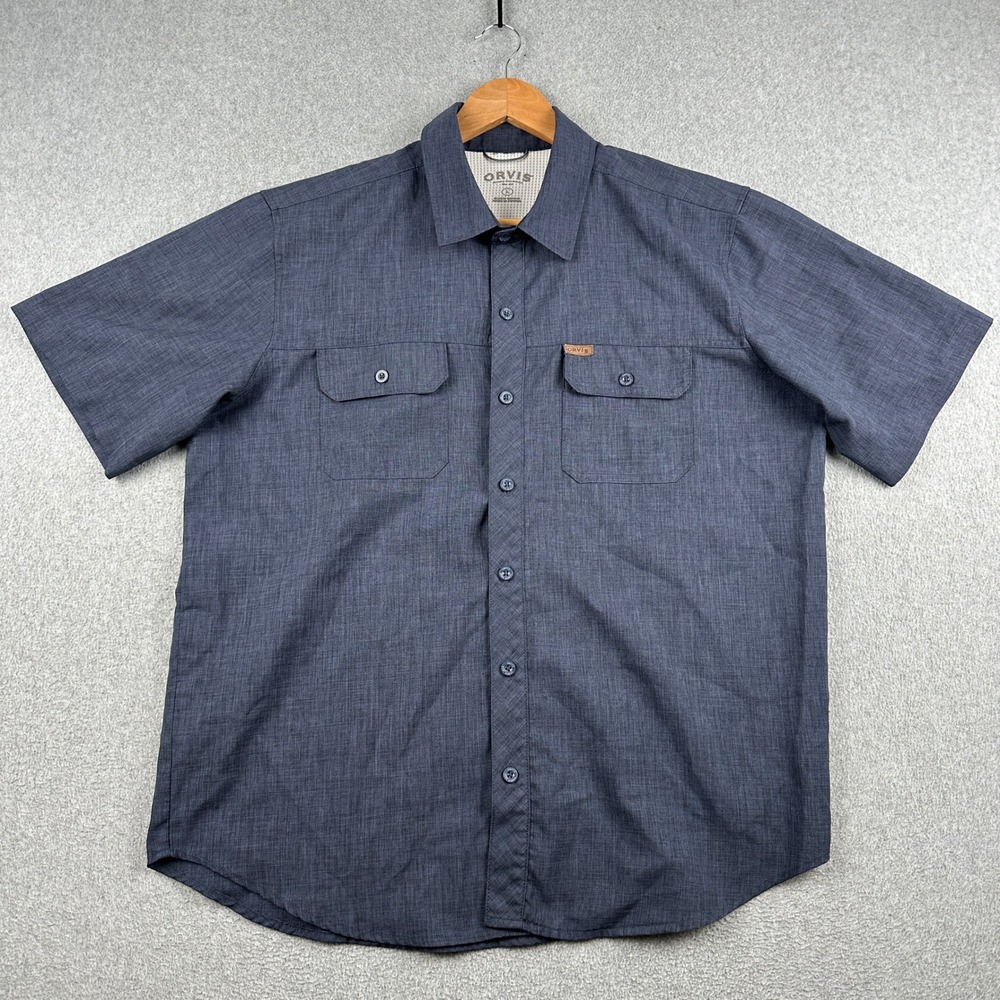 Orvis Shirt Mens Large Classic Collection Blue Short Sleeve Button Down 1369167